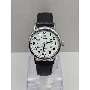 Timex Weekender Indiglo 31mm White Dial Black Leather 24 Hour Quartz New Battery